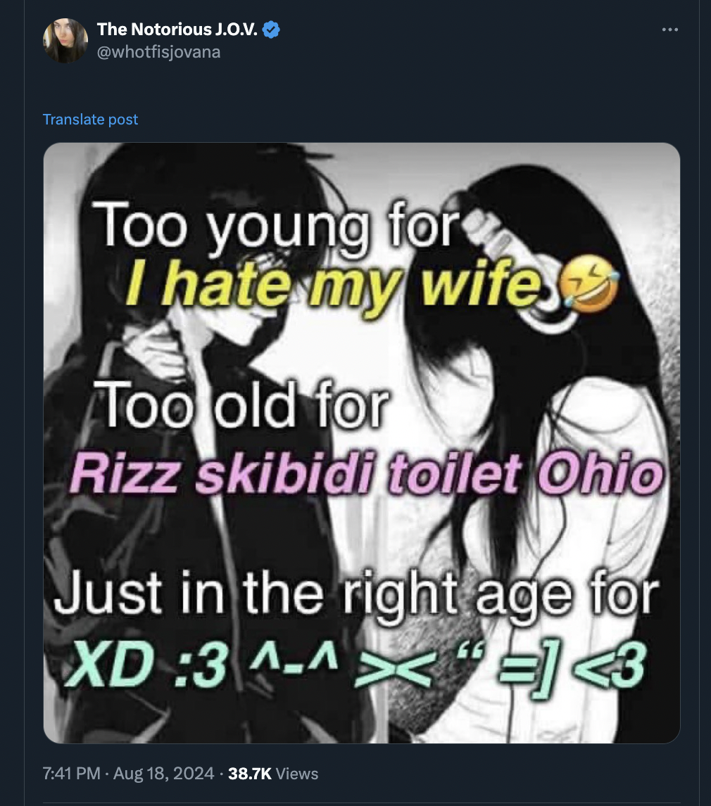 poster - The Notorious J.O.V. whotfisjovana Translate post Too young for I hate my wife Too old for Rizz skibidi toilet Ohio Just in the right age for Xd 3 ^^ Views